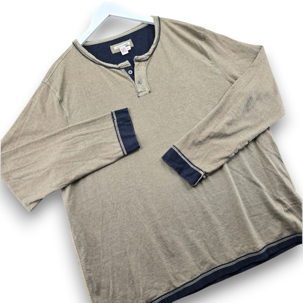 Carbon2Cobalt Henley Shirt Mens XL Brown Khaki Cotton Long Sleeve Double Layer